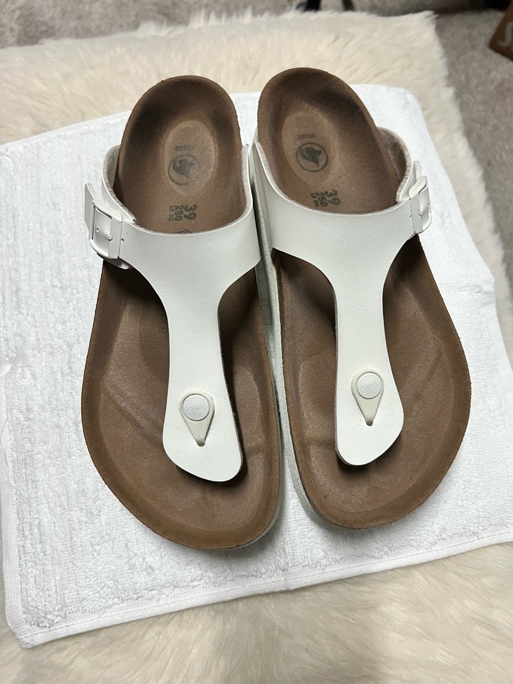 Birkenstock White Thong Sandals with Brown Footbed